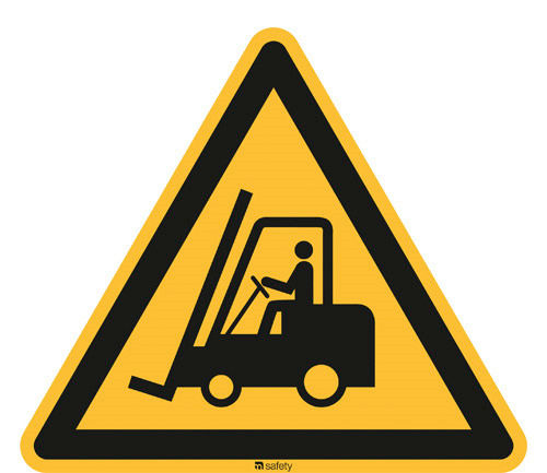 Znak ostrzegawczy „Uwaga, środki transportu magazyn.”, ISO 7010, folia samoprz., 200mm, opak.=10szt. - 1