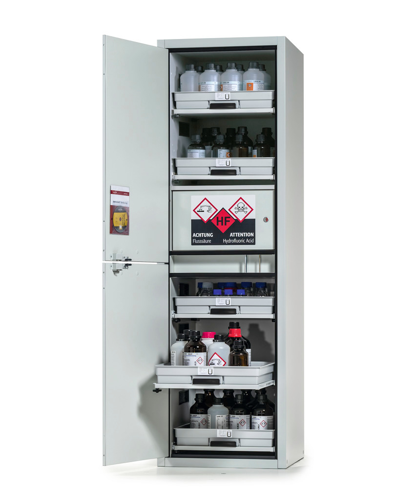 asecos acid and alkali cabinet SL-Plus, with 5 pull-out shelves, 1 hydrofluoric acid comp, door left - 3