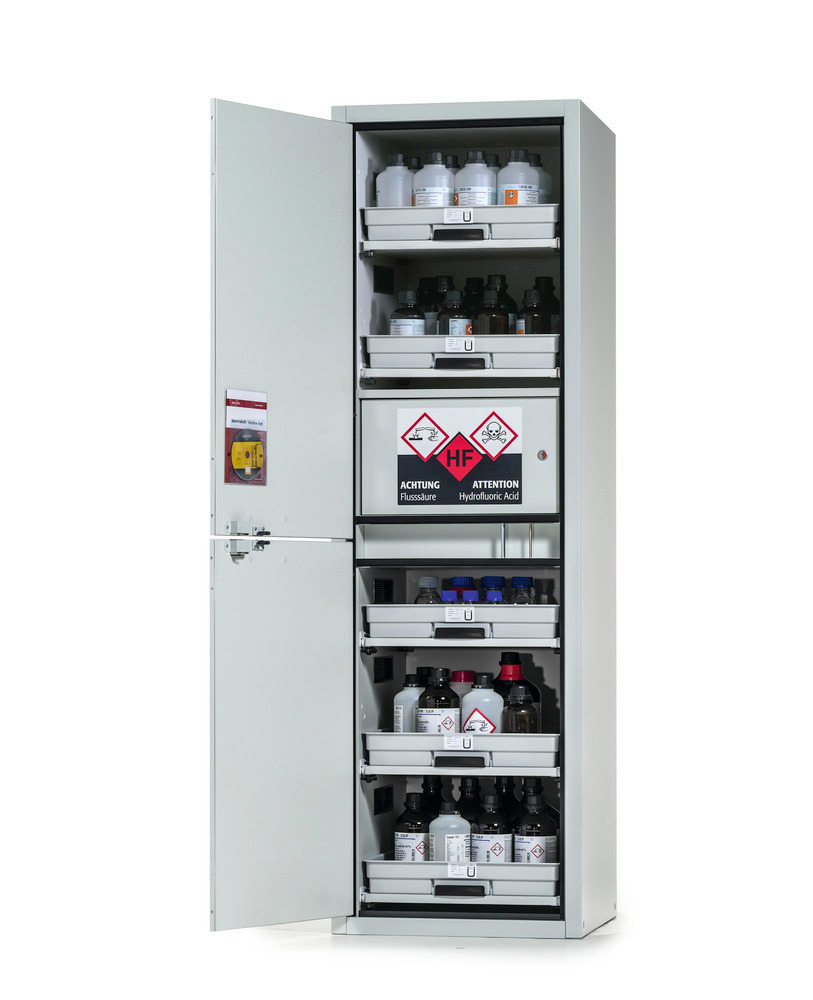asecos acid and alkali cabinet SL-Plus, with 5 pull-out shelves, 1 hydrofluoric acid comp, door left - 1