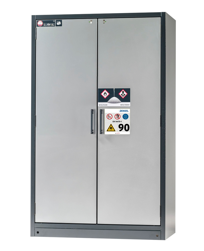 asecos fire-rated hazmat cabinet Select-MP, 4 grids and floor spill pallet, doors silver - 1