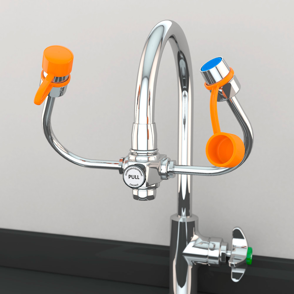 Eye Wash Station - Mounted Faucet - 5" Outlet Head - Chromed Spray Heads - Valve Lever - 1