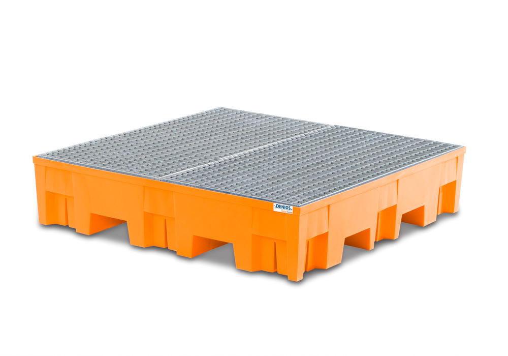 Cubeto de plástico para 4 bidones, con rejilla galvanizada: base-line F4-200 W - 1