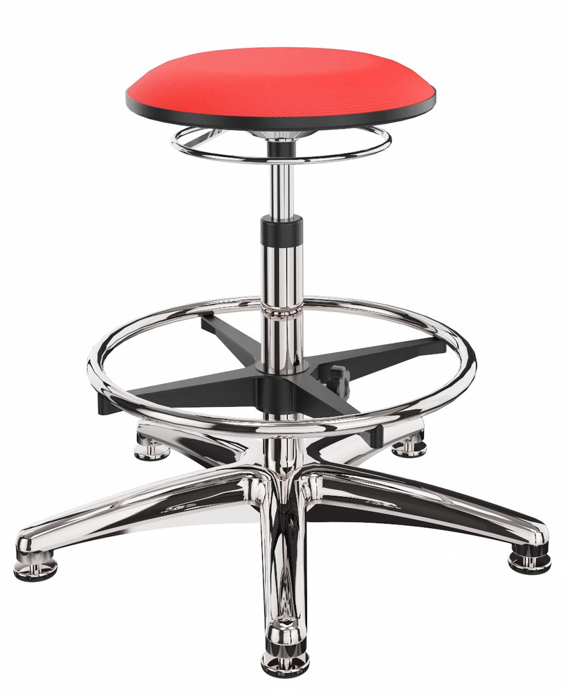 Pracovná stolička bez operadla, poťah červený, hliníková krížová noha, s klzákmi, opierka na nohy - 1