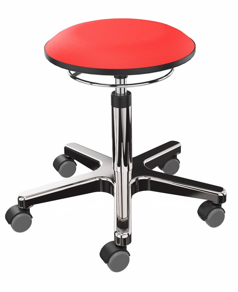 Pracovná stolička bez operadla, sedadlo červené, krížová noha z hliníka - 1