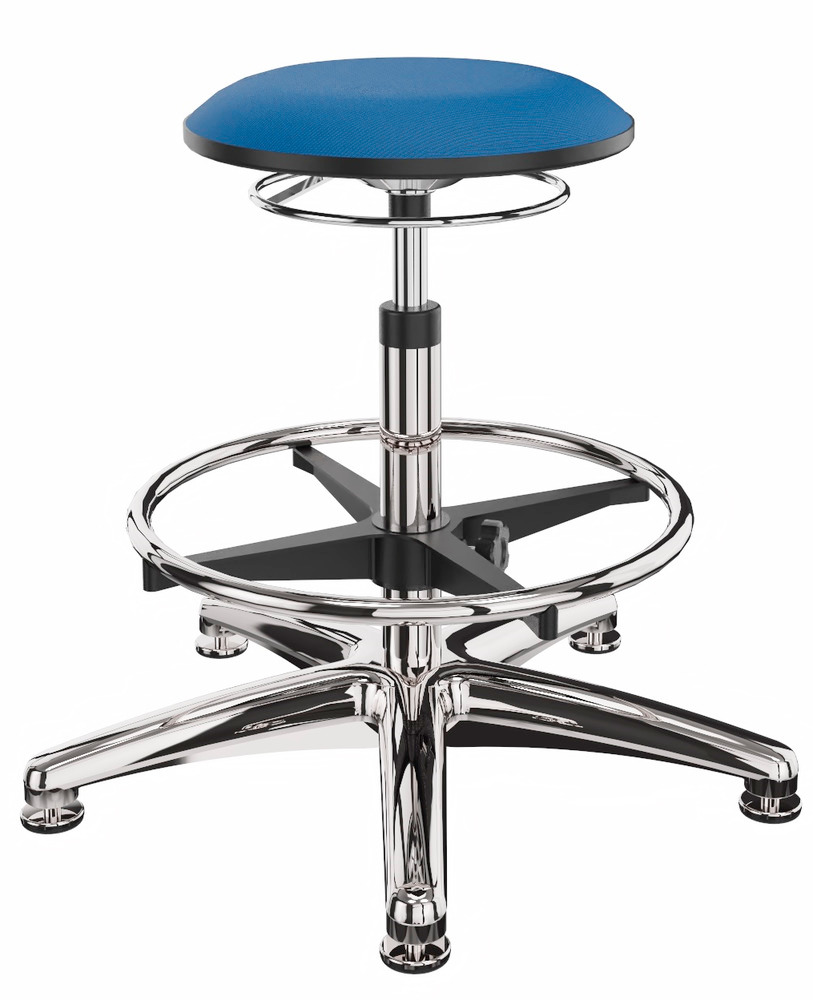 Pracovná stolička bez operadla, poťah modrý, hliníková krížová noha, s klzákmi, opierka na nohy - 1