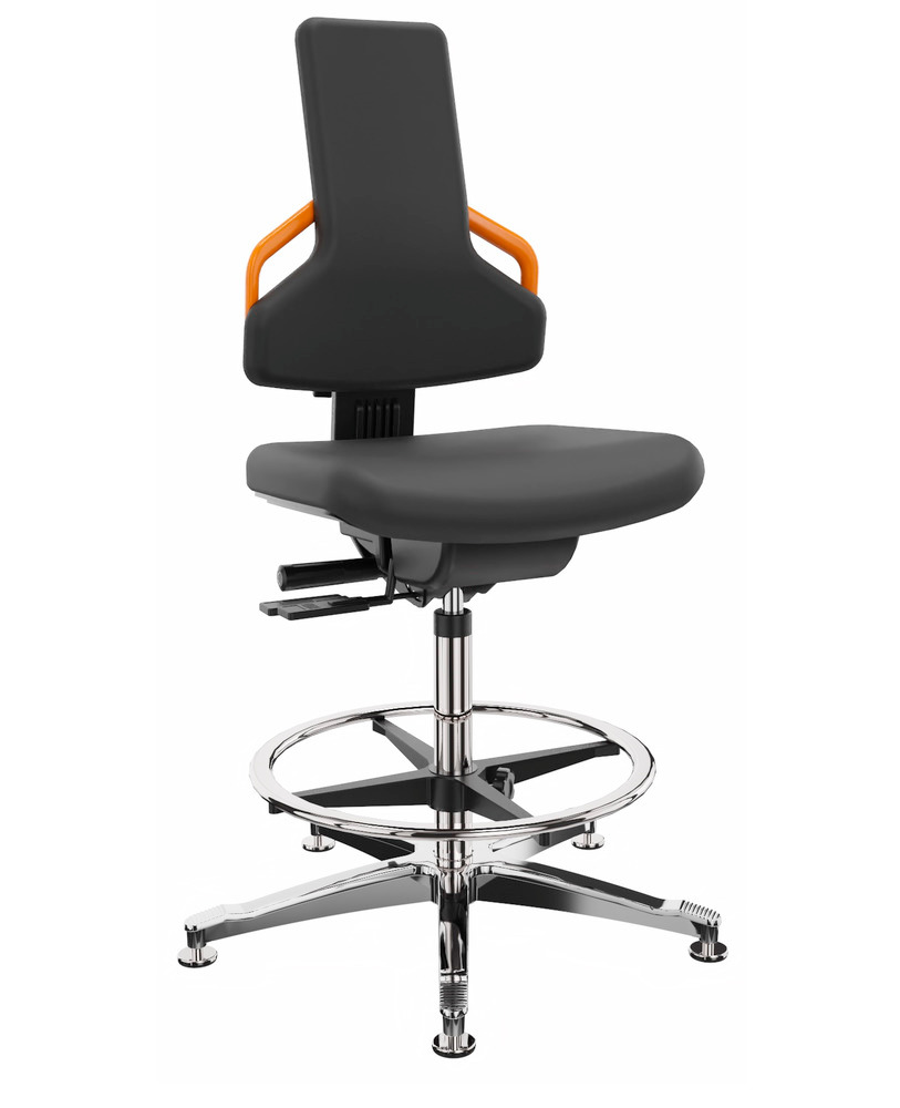 ESD pracovná stolička z koženky, s klzákmi, hliníková krížová noha, opierka na nohy - 1