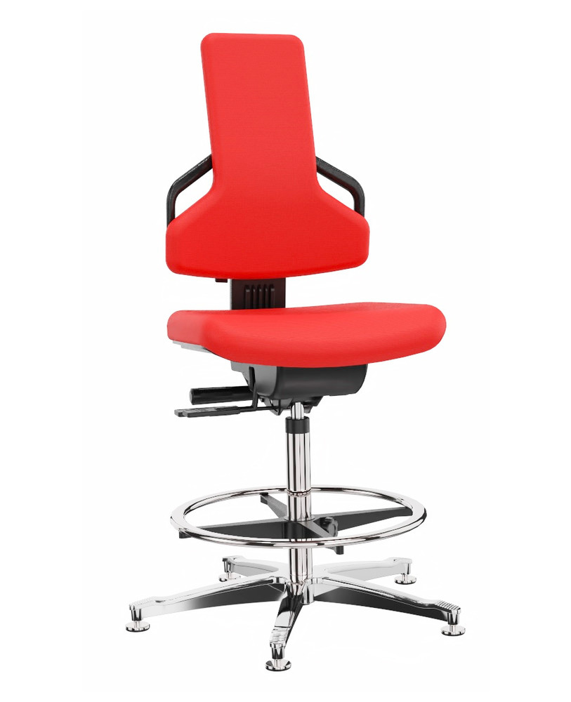 Premium arbejdsstol, rødt betræk, aluminium fodkryds, glidesko, fodring