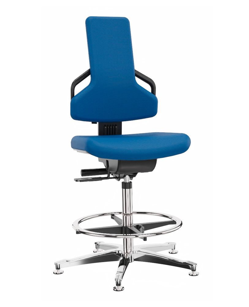 Premium munkahelyi szék kék kárpittal, alumínium lábcsillag, talp, lábtartó gyűrű