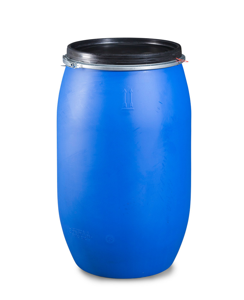 Bidão de plástico azul com tampa preta, anel de aperto e homologação UN, 220 litros - 1