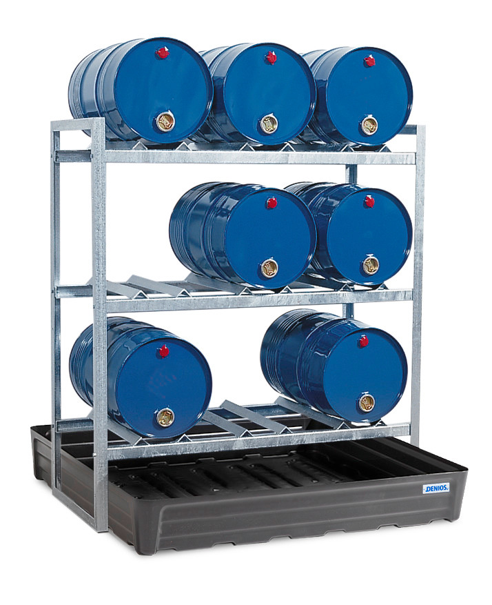 Drum racking FR-K9-60, for 9 x 60 litre drums, with polyethylene sump pallet - 1