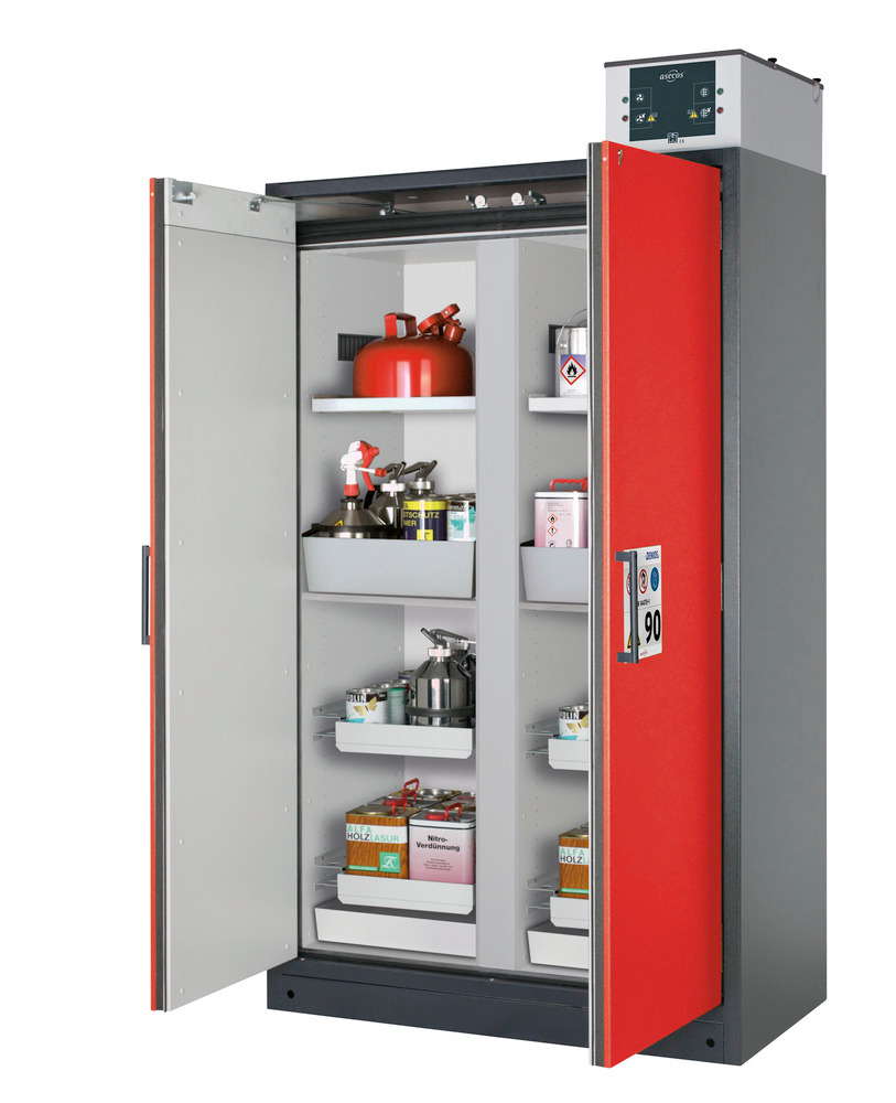 asecos tűzálló veszélyesanyag-tároló szekrény Select, köztes fal, polcok, kihúzható tálcák, piros - 1