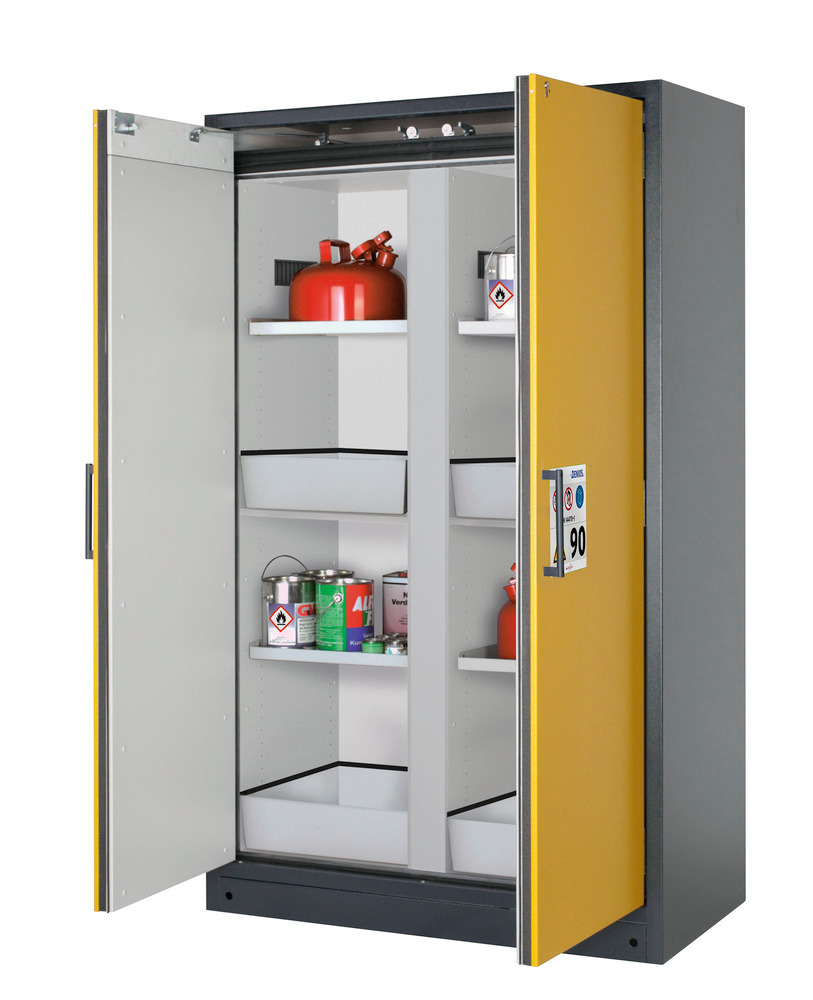 asecos tűzálló veszélyesanyag-tároló szekrény Select, köztes fal, polcok, padlótálcák, sárga - 1