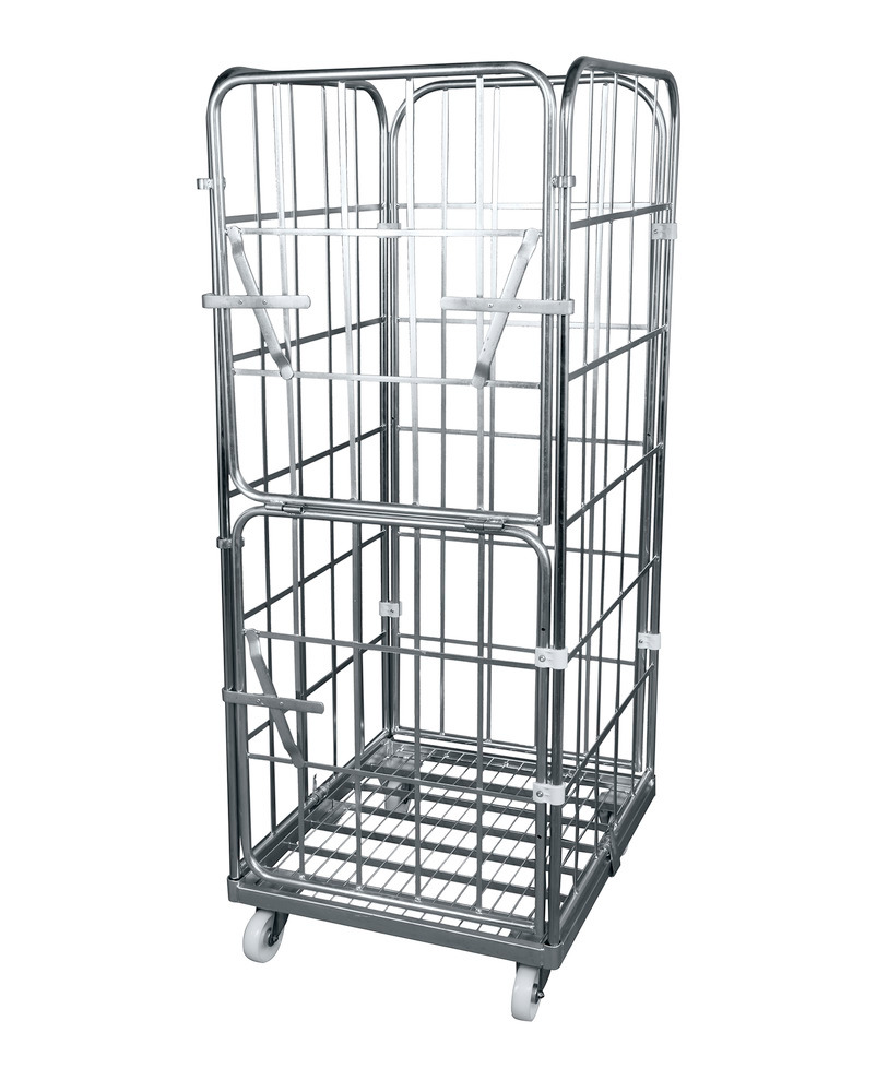 Roll box pallet with steel base, 3 mesh walls + half folding front wall, 710 x 800 x 1830 mm - 1
