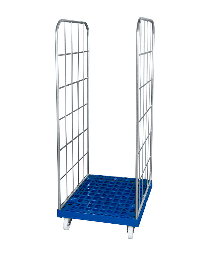 Roll box pallet for Euronorm boxes, plastic base, blue, 2 mesh walls, 682 x 815 x 1850 mm - 1