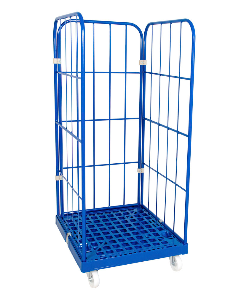 Rullecontainer med kunststofplade, blå, 3 gittervægge, 724 x 815 x 1650 mm - 1