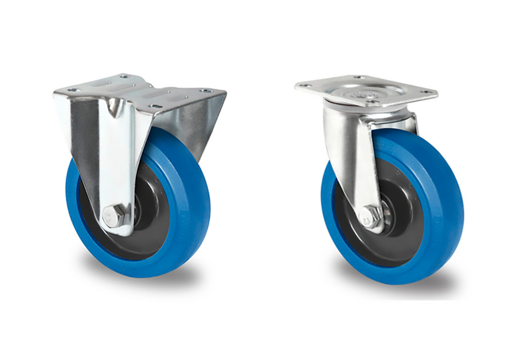 Pristillägg för hjulsats av PA/elastiska, 2 svänghjul och 2 fasta hjul, ø 108 mm, blå yta - 1