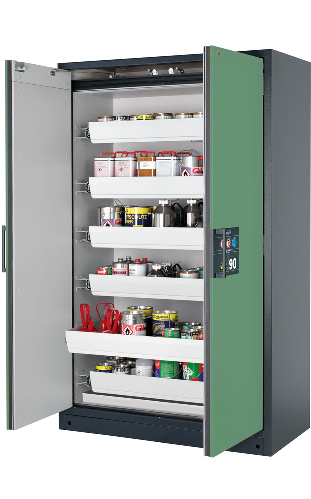 asecos fire-rated hazardous materials cabinet Select W-126, 6 slide-out spill trays, doors green - 1