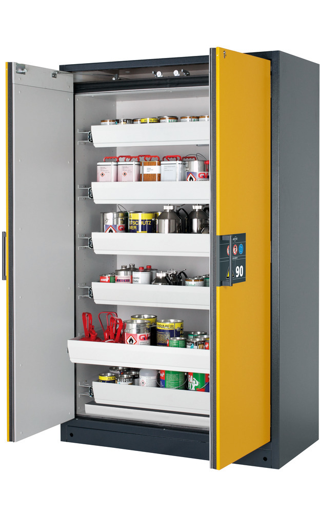 asecos fire-rated hazardous materials cabinet Select W-126, 6 slide-out spill trays, doors yellow - 1