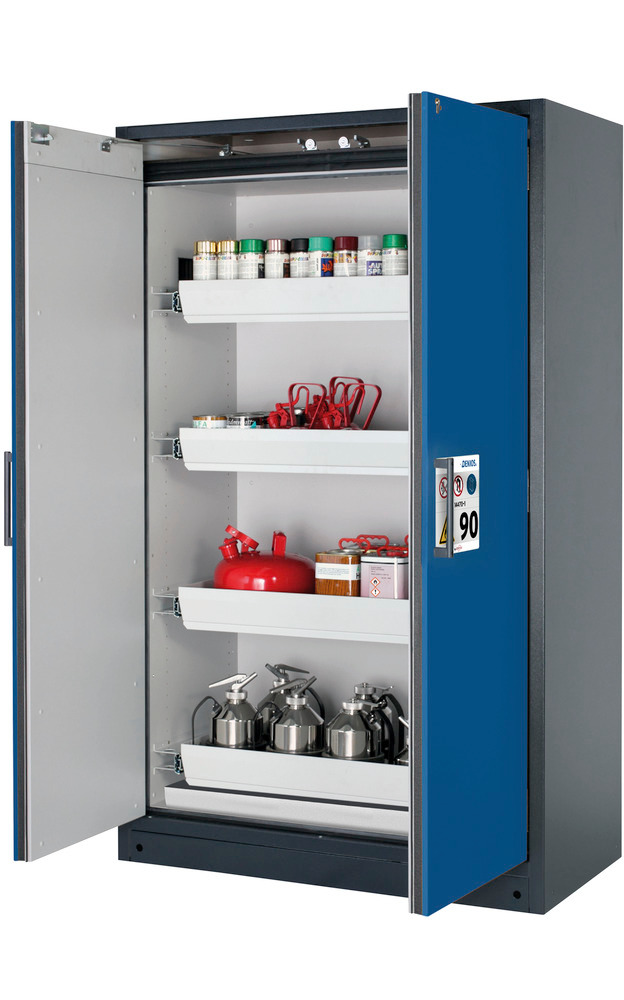 Tűzálló veszélyes anyag tároló szekrény Select W-124, 4 kihúzható kármentő tálca, kék ajtó - 1