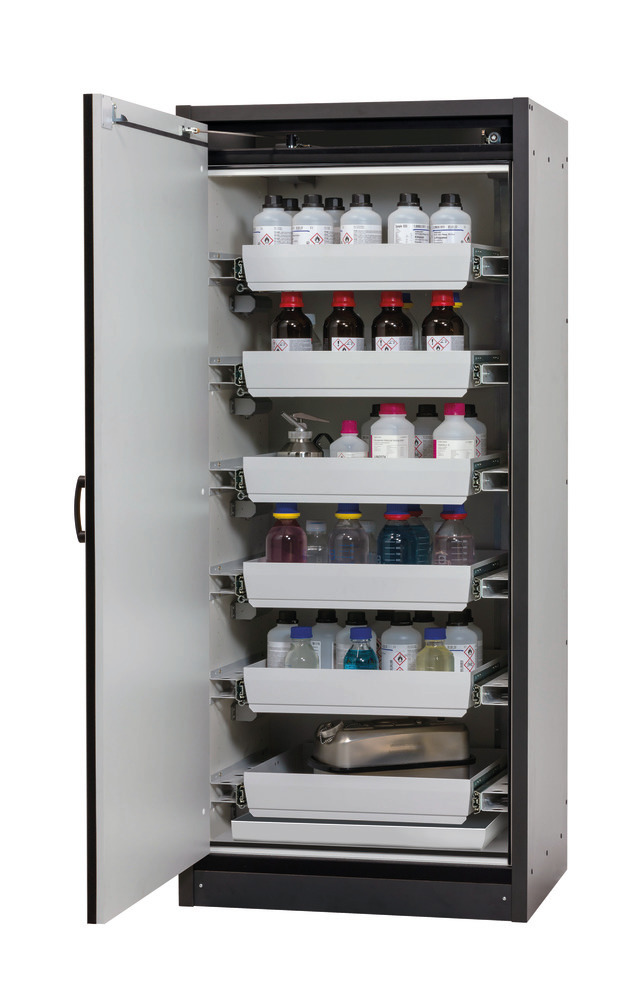 asecos fire-rated hazmat cabinet Basis-Line, anthracite/silver, 6 slide-out spill trays Model 30-96L - 1