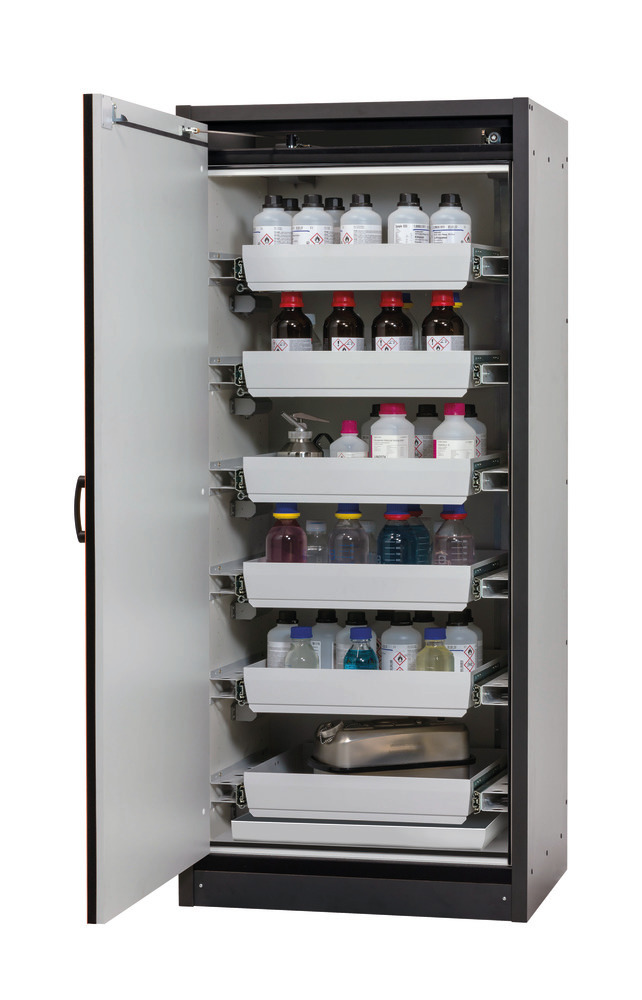 asecos fire-rated hazmat cabinet Basis-Line, anthracite/red, 6 slide-out spill trays, Model 30-96L - 1