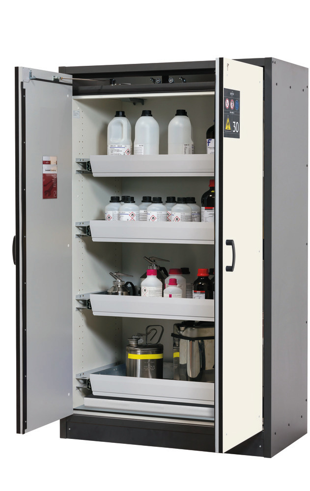 asecos fire-rated hazmat cabinet Basis-Line, anthracite/white, 4 slide-out spill trays, Model 30-124 - 1