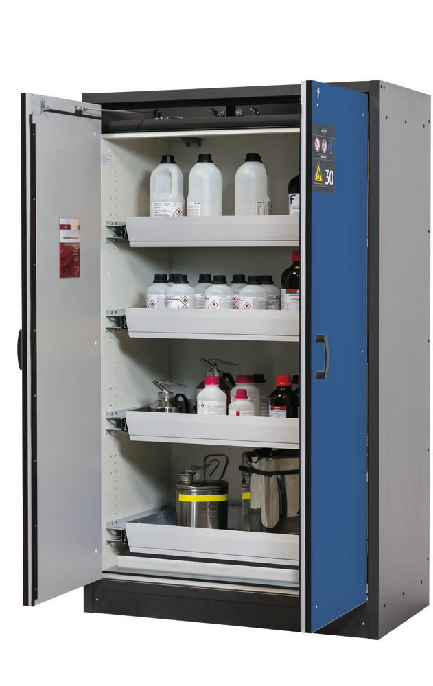 asecos fire-rated hazmat cabinet Basis-Line, anthracite/blue, 4 slide-out spill trays, Model 30-124 - 1