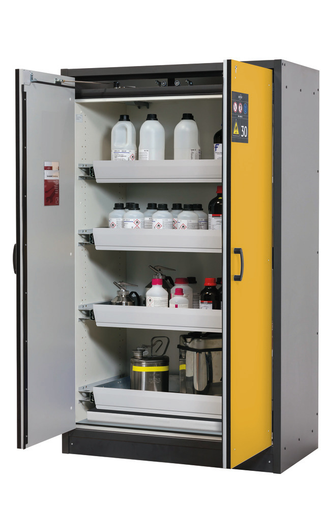 asecos fire-rated hazmat cabinet Basis-Line, anthracite/yellow, 4 slide-out spill trays Model 30-124 - 1