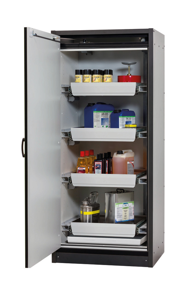 asecos fire-rated hazmat cabinet Basis-Line, anthracite/green, 4 slide-out spill trays, Model 30-94L - 1