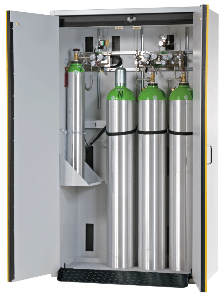 asecos Feuerbeständiger Gasflaschenschrank G30.12, 1200 mm breit, 2-flügelige Tür, grau/gelb