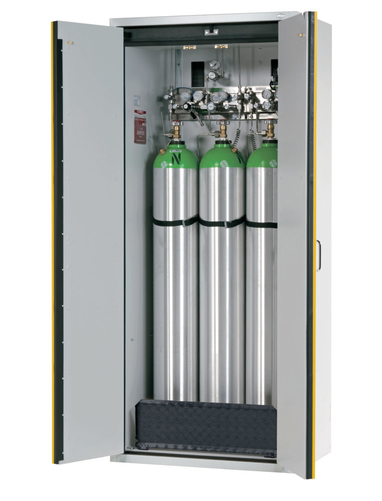 asecos Gasflaschenschrank feuerbeständig G30, 3 x 50 l Flaschen, B 900 mm, 2-flügelige Tür,grau/gelb - 1