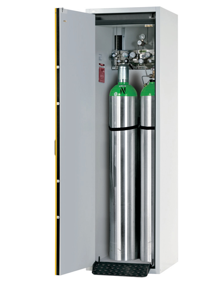 Brannsikkert gasskap for trykkgassflasker G 30.6, 600 mm bred, dørstopp til venstre, gul - 1