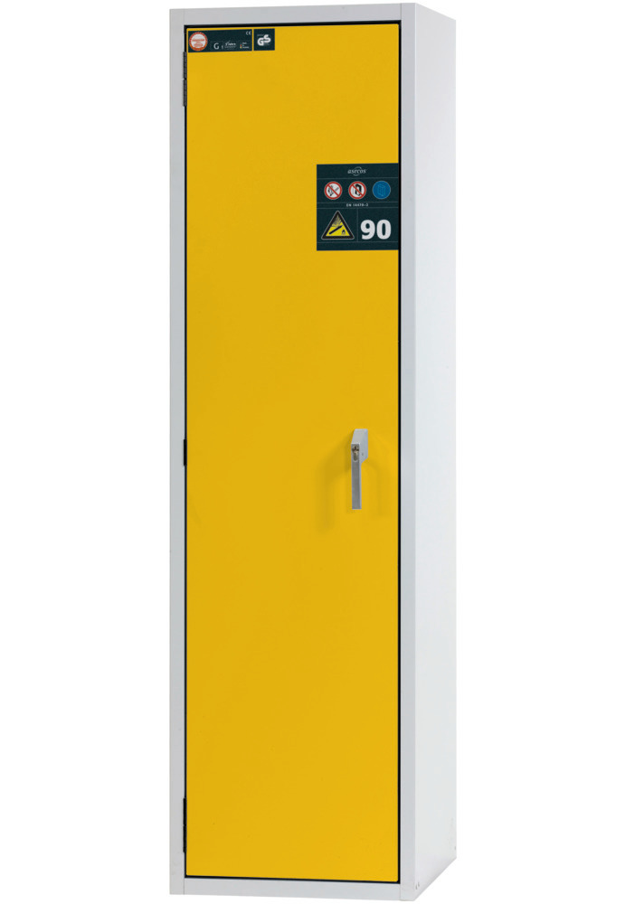 asecos fire-rated gas cylinder cabinet G90.6-2F, 600 mm wide, door opening left, grey/yellow - 2