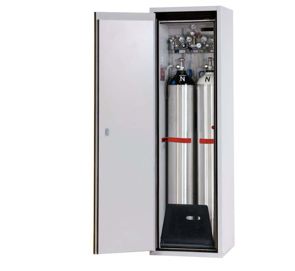 asecos fire-rated gas cylinder cabinet G90.6-2F, 600 mm wide, door opening left, grey/yellow - 1