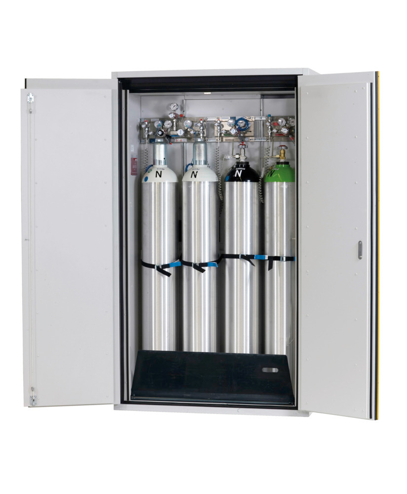 Protipožární skříň na plynové lahve asecos G90, 4 x 50 l lahve, š 1200 mm, 2křídlé dveře, šedo-žlutá - 1
