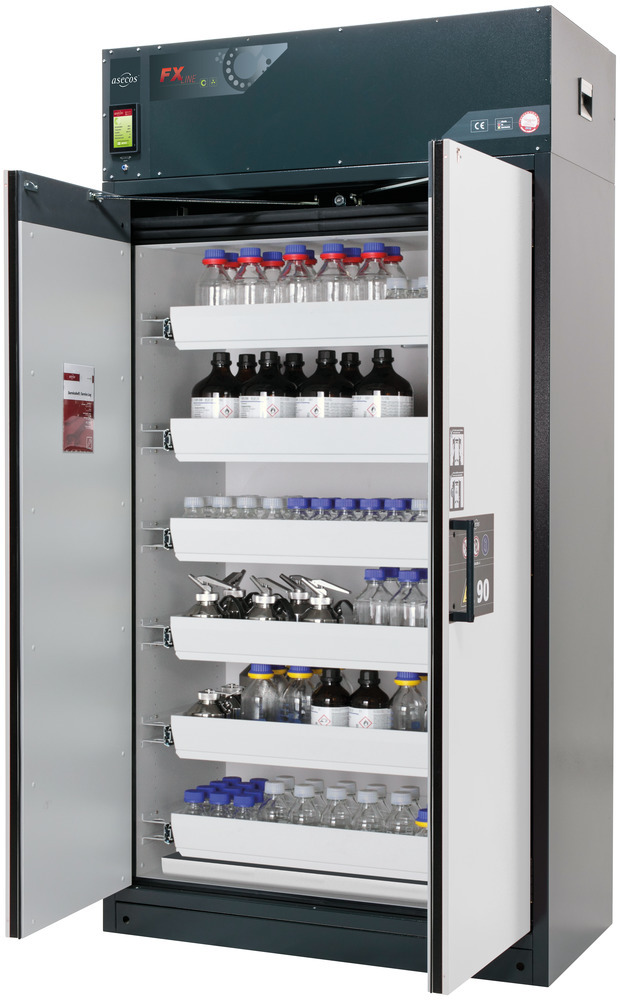 Fire-rated vent. HazMat cabinet Custos, doors grey, with 6 slide-out spill trays, Model E-126 - 1