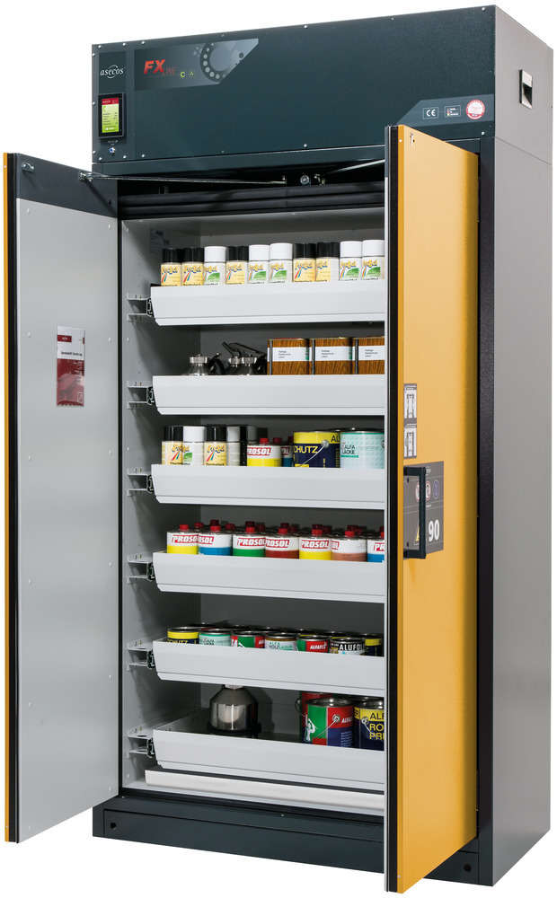 Fire-rated vent. HazMat cabinet Custos, doors yellow, with 6 slide-out spill trays, Model E-126 - 1