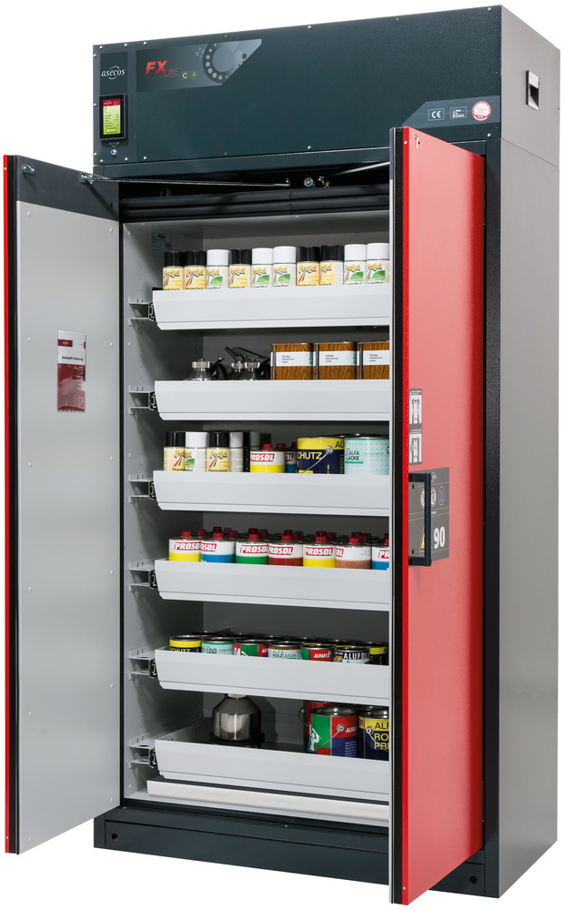 Fire-rated vent. HazMat cabinet Custos, doors red, with 6 slide-out spill trays, Model E-126 - 1