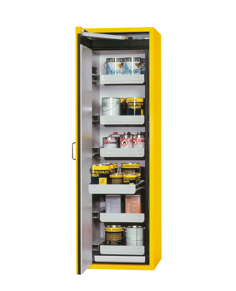 asecos fire-rated hazmat cabinet Edition, 6 slide-out spill trays, door hinged left, yellow - 1