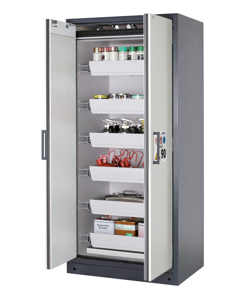 asecos fire-rated hazardous materials cabinet Select W-96, 6 slide-out spill trays, doors grey