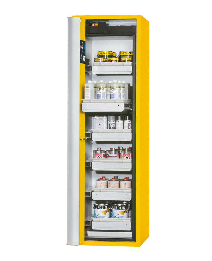 asecos fire-rated hazmat cabinet one touch, 6 slide-out spill trays, door hinged left, yellow - 1