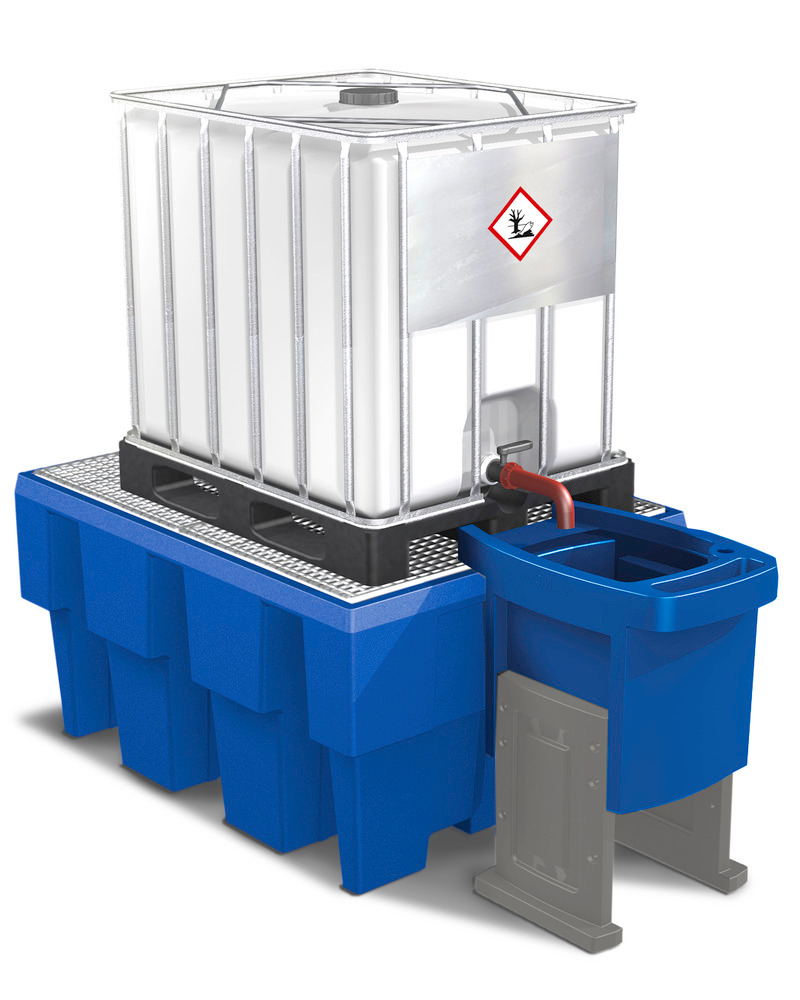 Dispensing tray for IBC spill pallets, height adjustable, with two legs - 3
