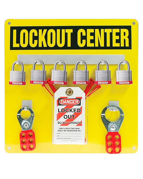 Aluminum Hanger Board Lockout Center - 6-Padlock Board with kit - English - 14" x 14" - Yellow - 1