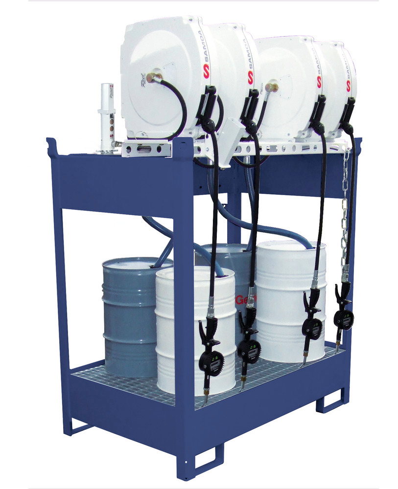 Oil dispensing station with spill pallet for 4 drums, 4 x compressed air pumps, hose reel 10m - 1