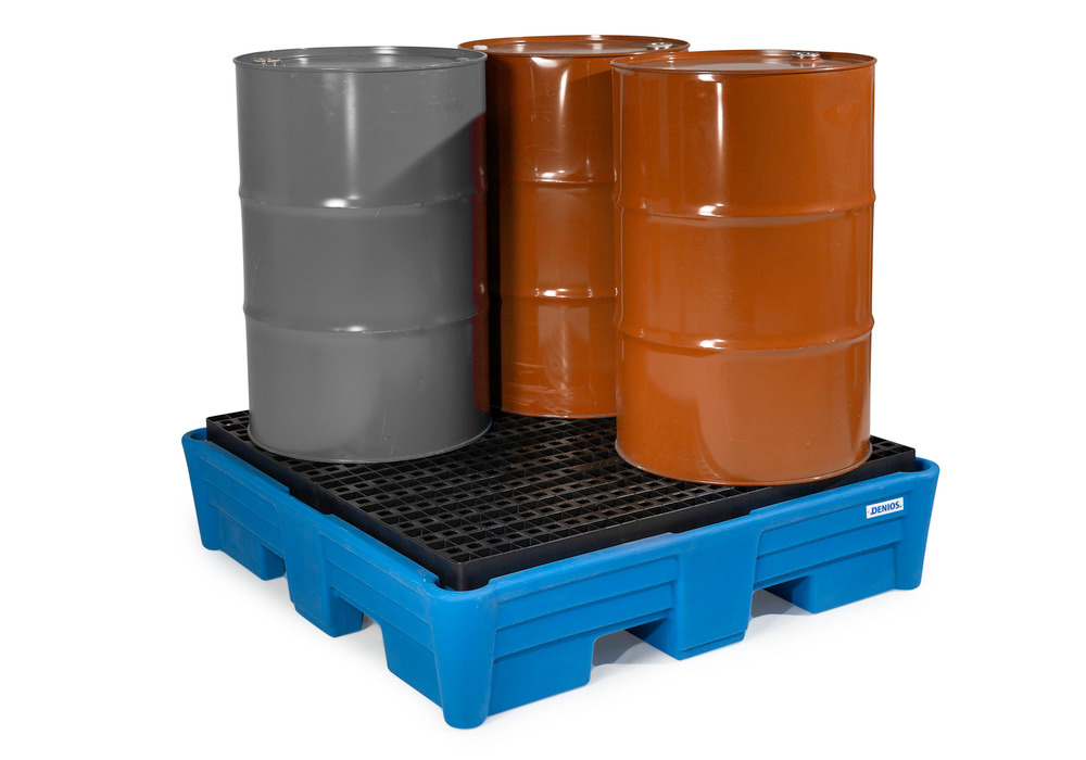 Poly Spill Pallet, 4 Drum Spill Containment, Poly Grating, best for acids and alkalis, 52"x52"x15" IN - 1
