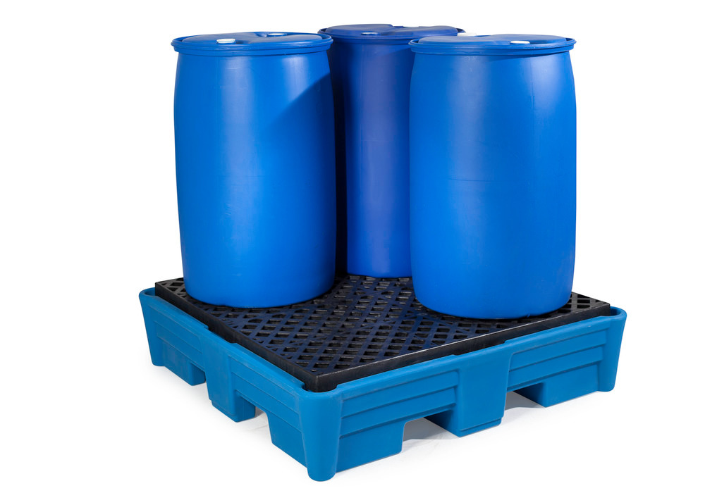 Poly Spill Pallet, 4 Drum Spill Containment, Poly Grating, best for acids and alkalis, 52"x52"x15" IN - 1