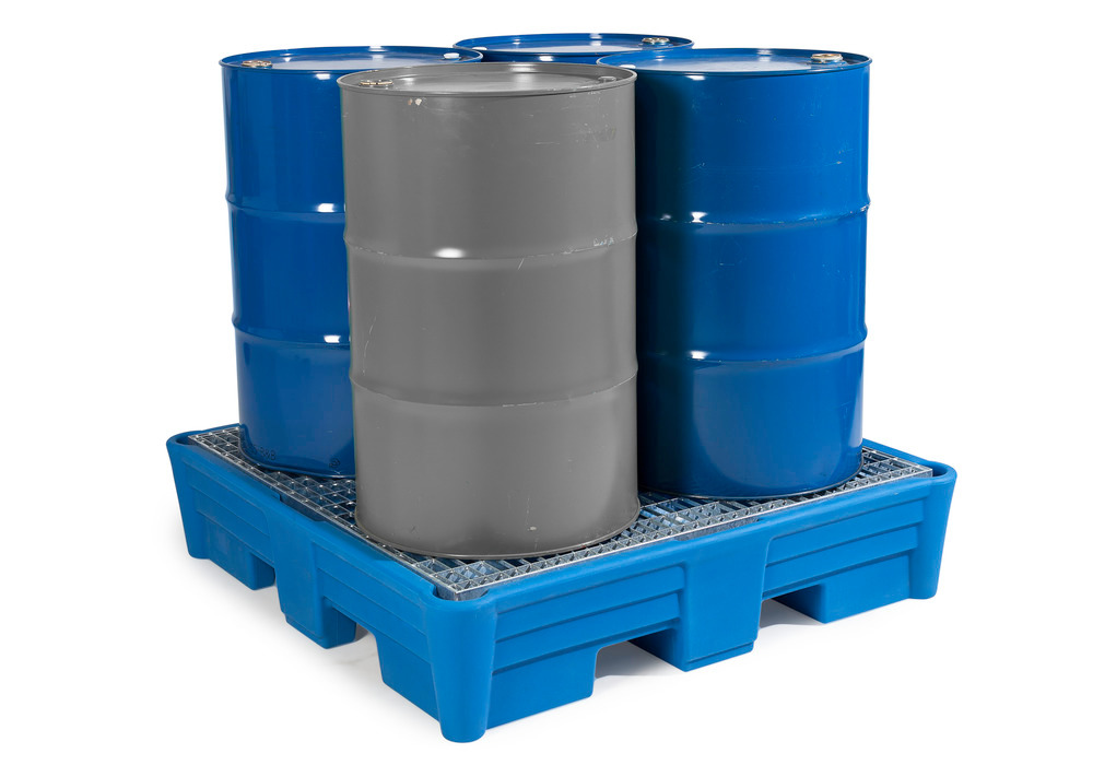 Poly Spill Pallet, 4 Drum Spill Containment, Galvanized grating, best for acids and alkalis, 52"x52"x15" IN - 2