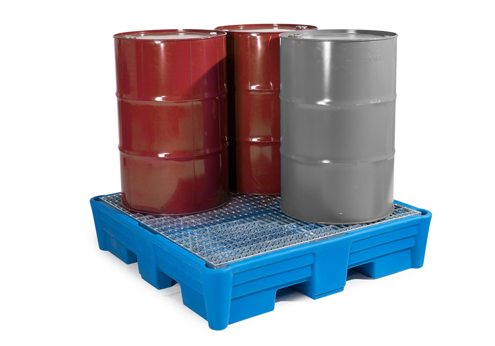 Poly Spill Pallet, 4 Drum Spill Containment, Galvanized grating, best for acids and alkalis, 52"x52"x15" IN - 1