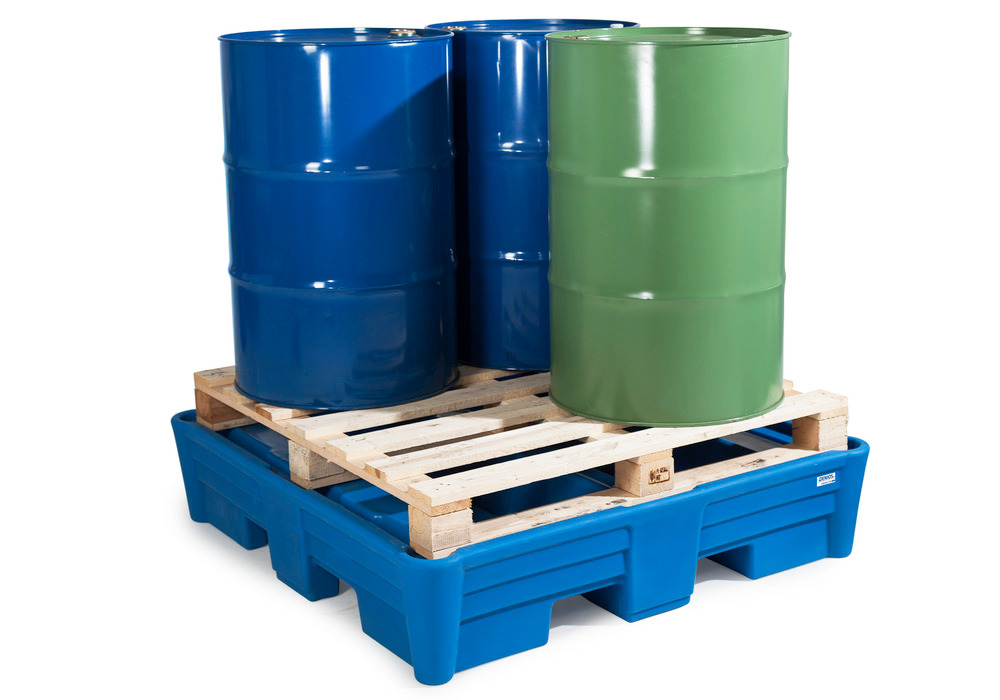 Poly Spill Pallet, 4 Drum Spill Containment, Without grate, best for acids and alkalis, 52"x52"x15" IN - 1