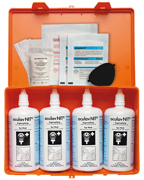 OculavNit-Box mit Augen-Sofortspülung, 4 Druckspülflasche à 250 ml Steriellösung, 3 Jahre haltbar